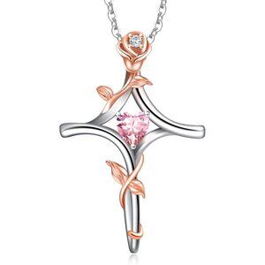 Elegant Rose Flower and Cross Necklace for Women, 925 Sterling Silver with Birth